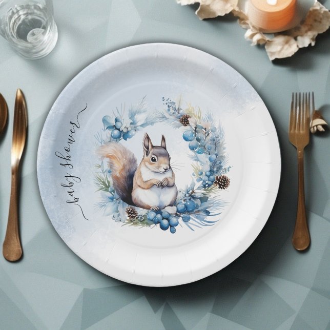 Winter Squirrel Watercolor Baby Shower Paper Plate (Winter Squirrel Watercolor Baby Shower Paper Plates)