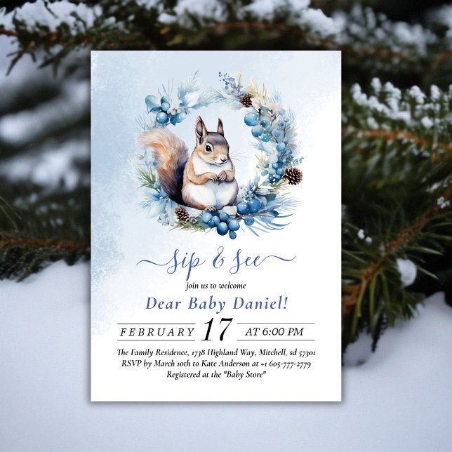 Winter Squirrel Watercolor Sip and See Invitation (Winter Squirrel Watercolor Sip and See Invitation)