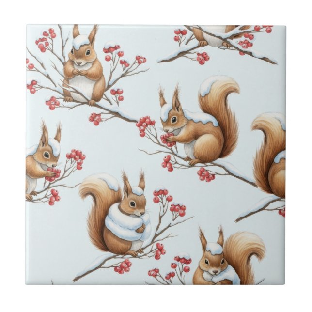 Winter Squirrels Among Snowy Branches Ceramic Tile (Front)