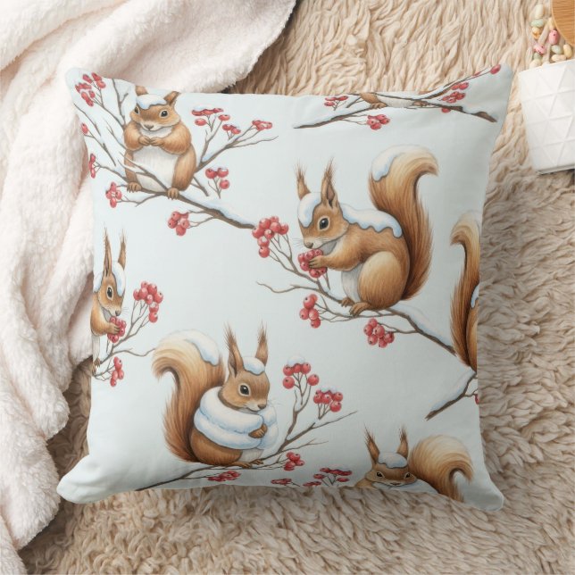 Winter Squirrels Among Snowy Branches Cushion (Blanket)