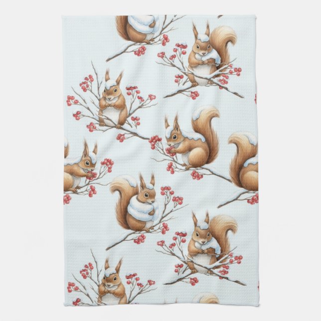 Winter Squirrels Among Snowy Branches Tea Towel (Vertical)