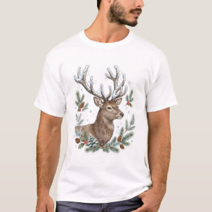 Winter Stag Deer Watercolor Christmas Wildlife Art T-Shirt