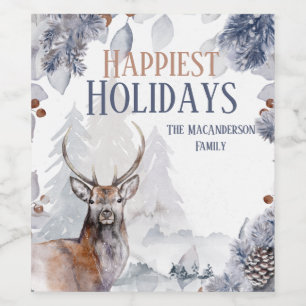 Winter stag owl woodland snow forest scenic wine label