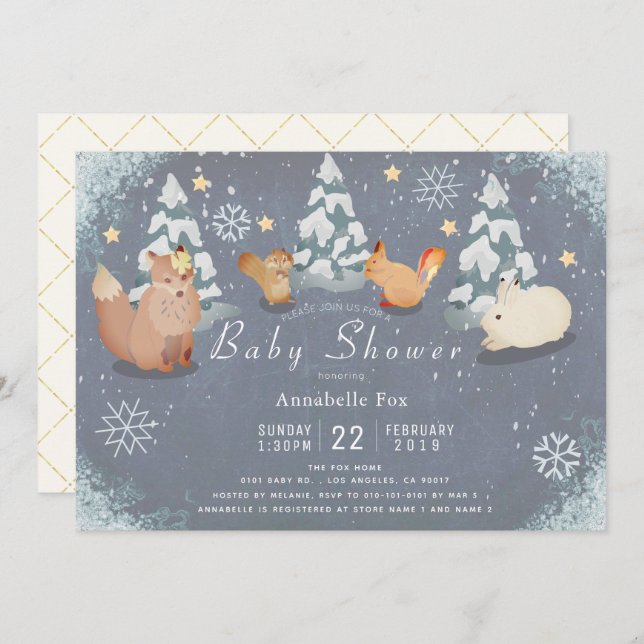 Winter Starry Night Woodland Animals Baby Shower Invitation (Front/Back)