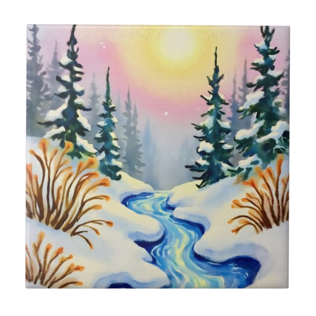 Winter Stream Landscape Ceramic Tile (Front)