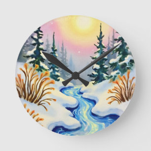 Winter Stream Landscape Round Clock