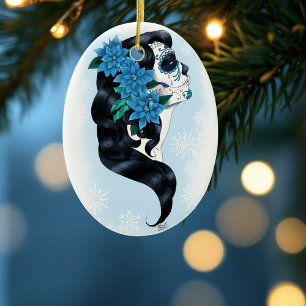 Winter Sugar Skull Blue Snowflakes Ceramic Ornament