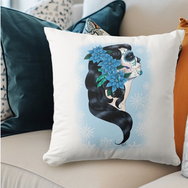 Winter Sugar Skull Blue Snowflakes Cushion (Creator Uploaded)