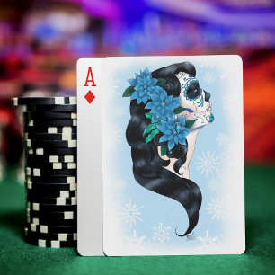 Winter Sugar Skull Blue Snowflakes Playing Cards