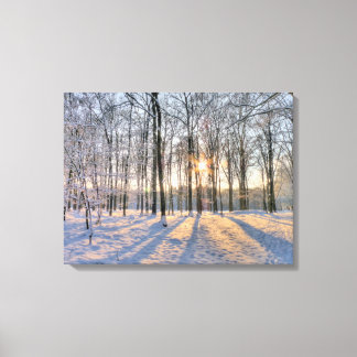 Winter sun in snowy forest canvas print