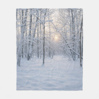 Winter Sunlight in Quiet Birch Forest Fleece Blanket