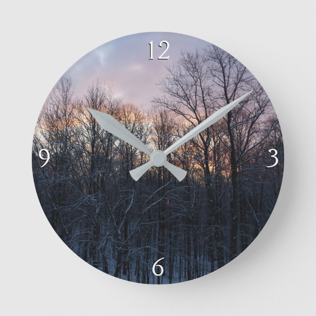 Winter Sunrise I Pastel Nature Landscape Round Clock (Front)