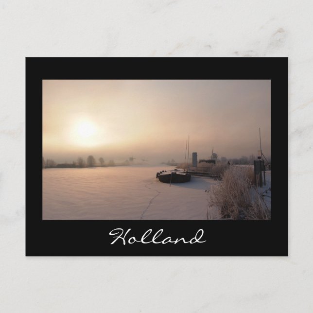 Winter sunrise in the Netherlands black postcard (Front)