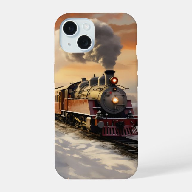 Winter Sunset and Train iPhone 15 Case (Back)