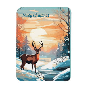 Winter sunset deer  card magnet