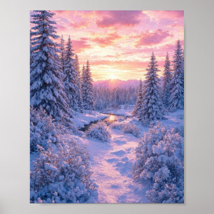Winter Sunset Glow: Serene Snowy Forest and Frozen Poster