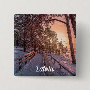 Winter sunset in pine forest near sea 15 cm square badge