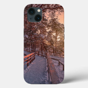 Winter sunset in pine forest near sea iPhone 13 case