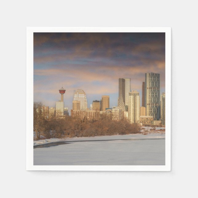 Winter Sunset Scene At Calgary Skyline Napkin (Front)