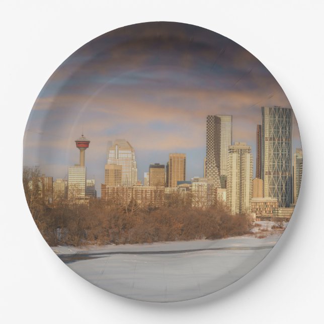 Winter Sunset Scene At Calgary Skyline Paper Plate (Front)