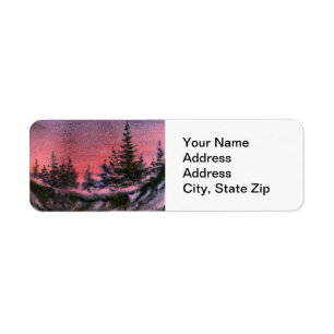 Winter sunset snow covered pine tree landscape. return address label