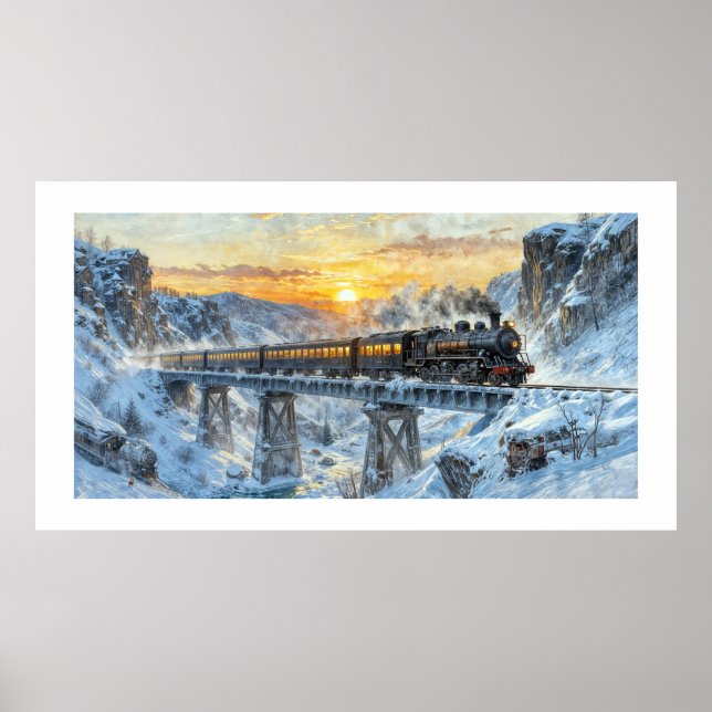Winter Sunset – Steam Train On a Snowy Bridge Poster (Front)