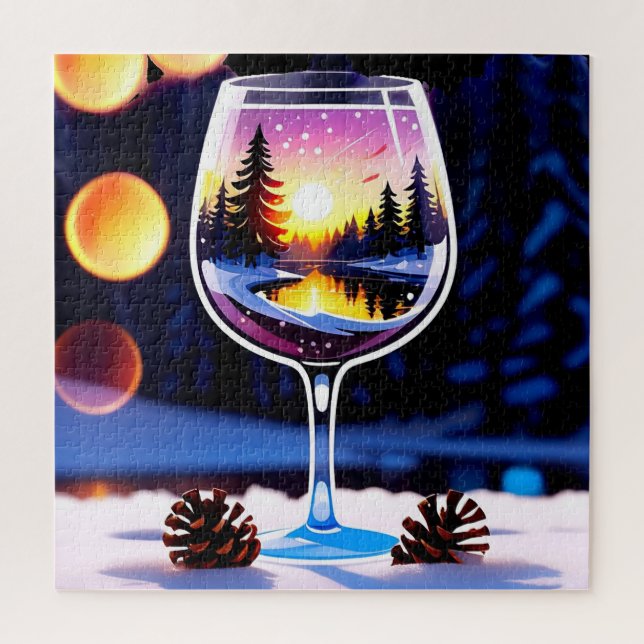 Winter Sunset Wine Glass Gift For Puzzle Lovers (Vertical)