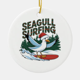 Winter Surfer Seagull, Christmas Seagull Ceramic Ornament