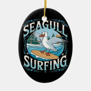 Winter Surfer Seagull, Seagull Surfing, Seagull T Ceramic Ornament