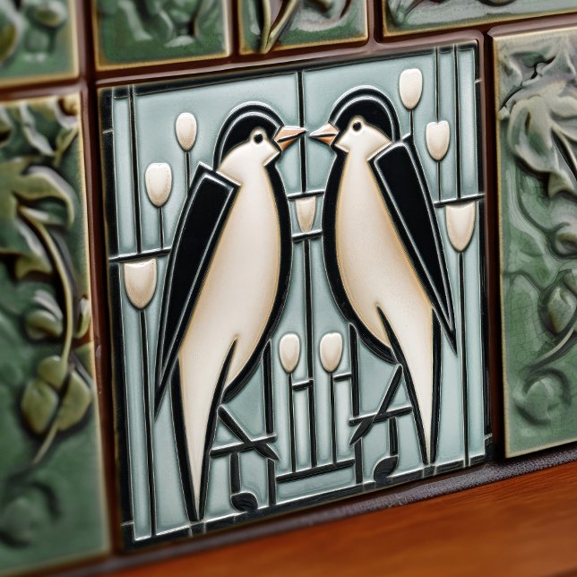 Winter Swallows Mackintosh Art Deco Nouveau Decor Ceramic Tile (Creator Uploaded)