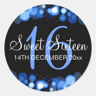 Winter Sweet 16 Birthday Party Blue Bokeh Lights Classic Round Sticker