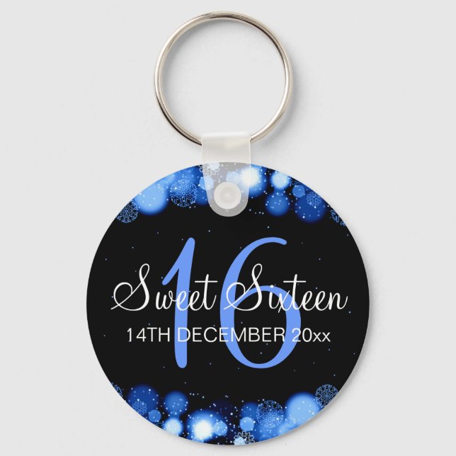 Winter Sweet 16 Birthday Party Blue Bokeh Lights Key Ring (Front)