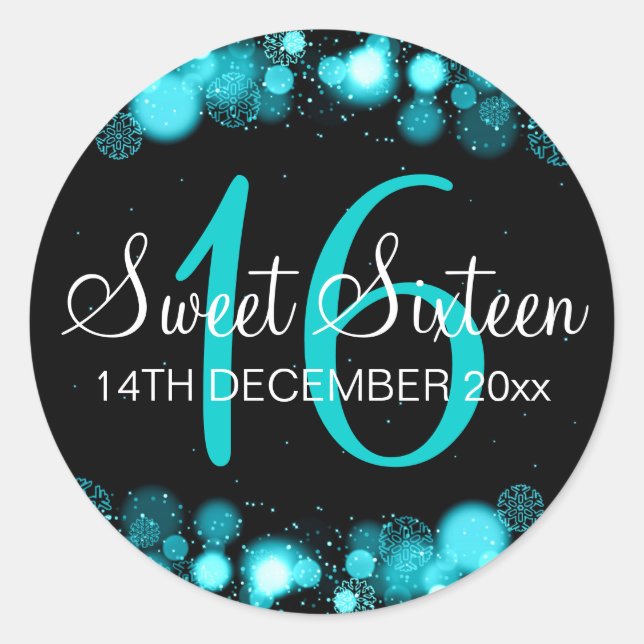 Winter Sweet 16 Birthday Turquoise Bokeh Lights Classic Round Sticker (Front)