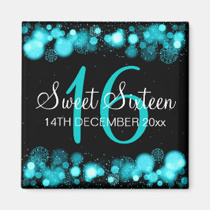 Winter Sweet 16 Birthday Turquoise Bokeh Lights Magnet