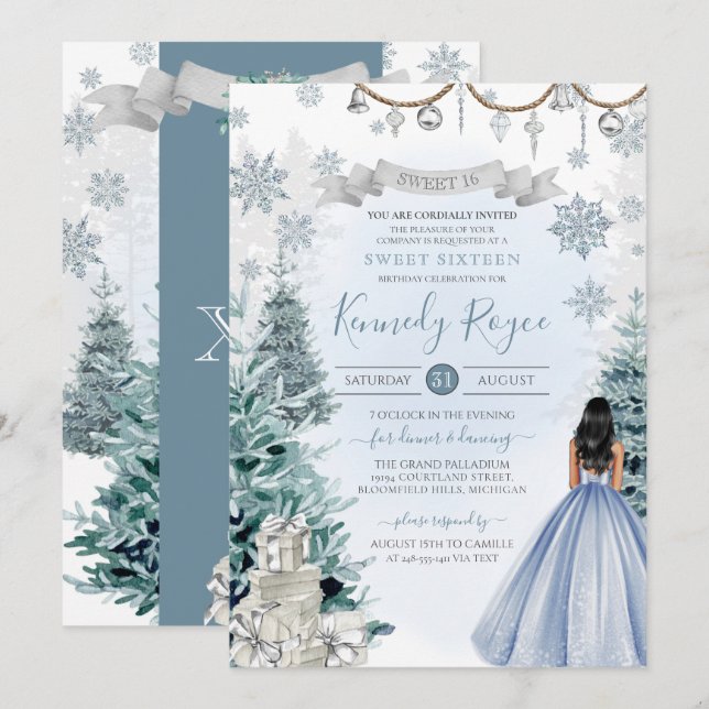 Winter Sweet Sixteen Silver Light Blue Snowflakes Invitation (Front/Back)