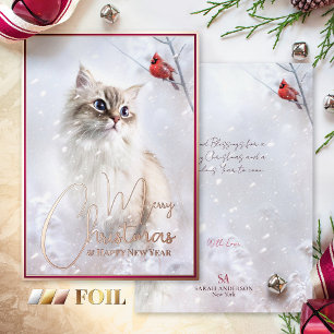 Winter Tales, Kitten & Red Cardinal Bird in Snow - Foil Holiday Card