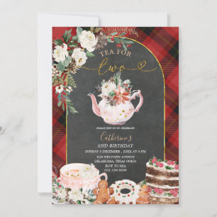 Winter Tea For Two Plaid Christmas 2nd Birthday Invitation