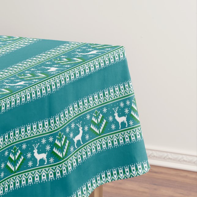 Winter Teal and Green Christmas Fair Isle Tablecloth (In Situ)