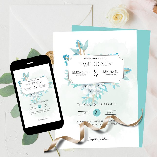 Winter Teal Floral Print or Download Wedding Invitation (Creator Uploaded)