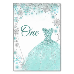 Winter Teal Silver Snowflake Quinceañera Table Number
