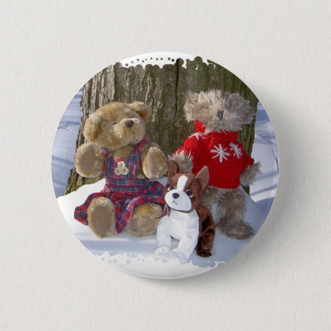 Winter teddies with pup 6 cm round badge (Front)
