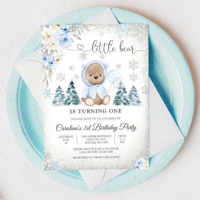 Winter Teddy Bear 1st Birthday Invitation (Creator Uploaded)