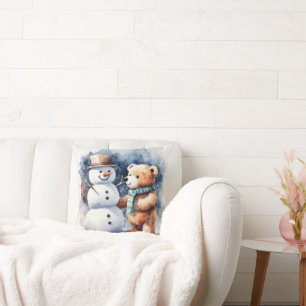 Winter Teddy Bear And Snowman Cushion