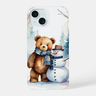 Winter Teddy Bear And Snowman iPhone 15 Case