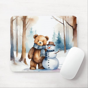 Winter Teddy Bear And Snowman Mouse Pad