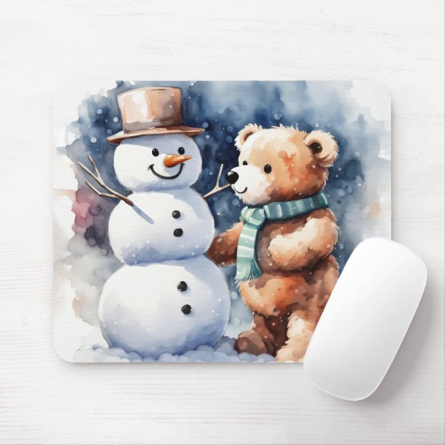 Winter Teddy Bear And Snowman Mouse Pad (With Mouse)