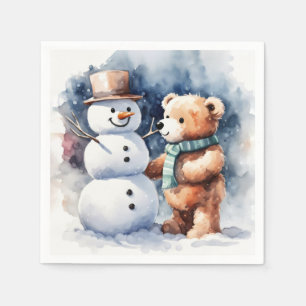 Winter Teddy Bear And Snowman Napkin