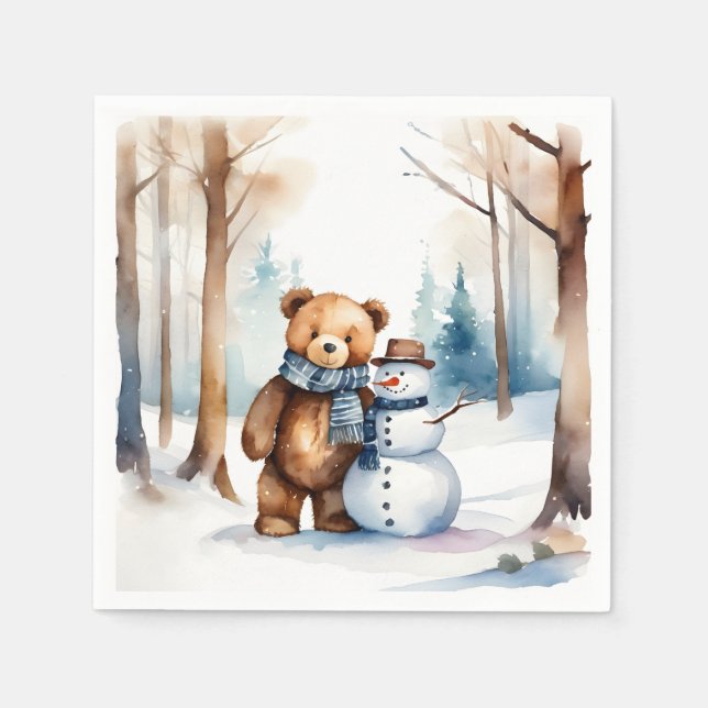Winter Teddy Bear And Snowman Napkin (Front)