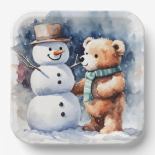 Winter Teddy Bear And Snowman Paper Plate