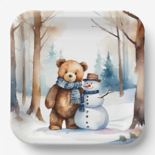 Winter Teddy Bear And Snowman Paper Plate